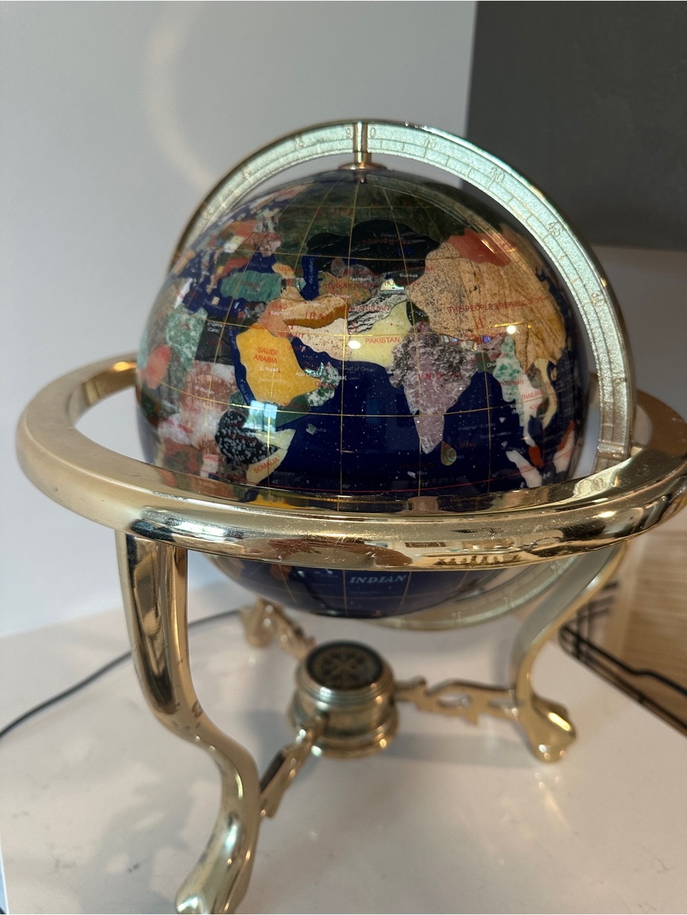 Vintage Semi Precious Stones Inlayed Globe with Stand